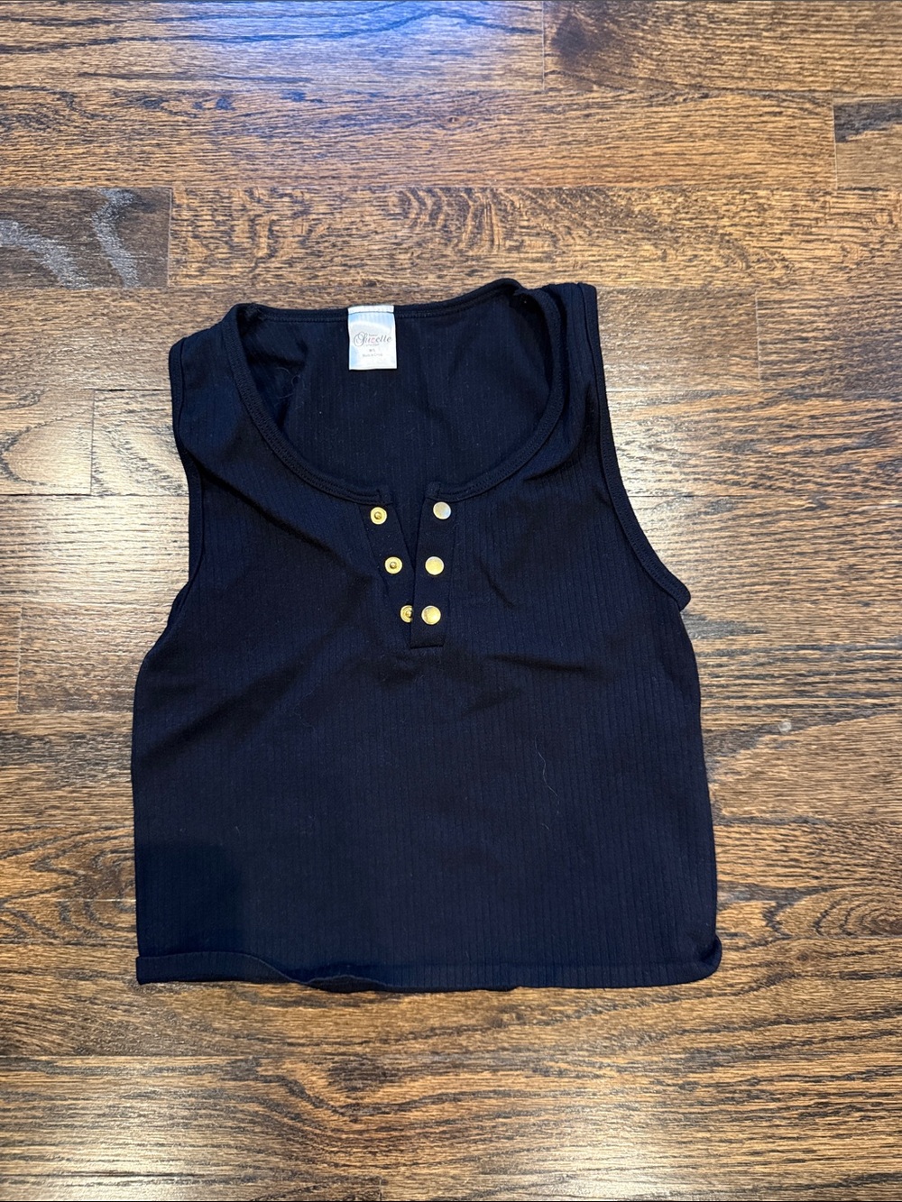 Kids Black Ribbed Tank Top with Gold Snap Detail